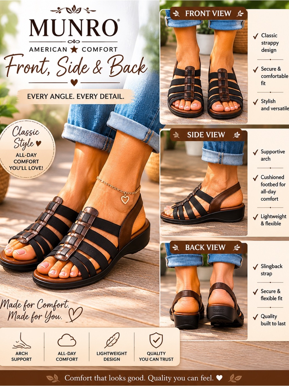 Munro Black and Brown Strappy Sandals 7.5 Narrow